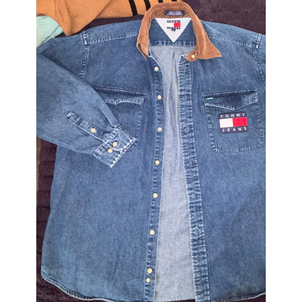 Vintage Tommy Hilfiger 90's Streetwear denim Shirt Cord Collar Mens S Oversized